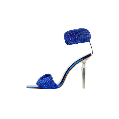 Rhinestone Ruched Ankle Cuff Sandals with Clear Stiletto Heel