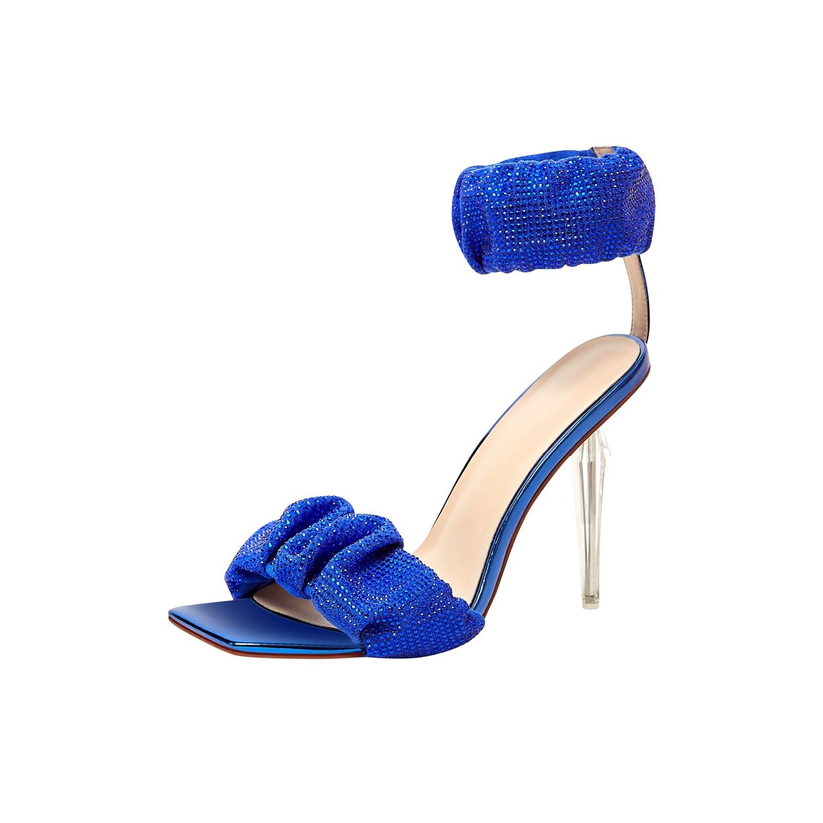 Rhinestone Ruched Ankle Cuff Sandals with Clear Stiletto Heel