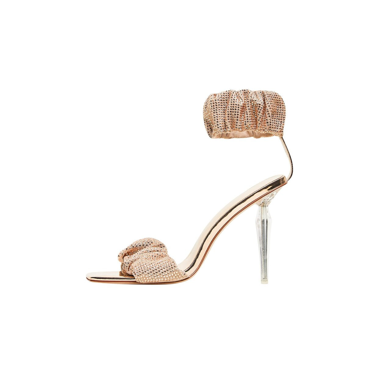 Rhinestone Ruched Ankle Cuff Sandals with Clear Stiletto Heel