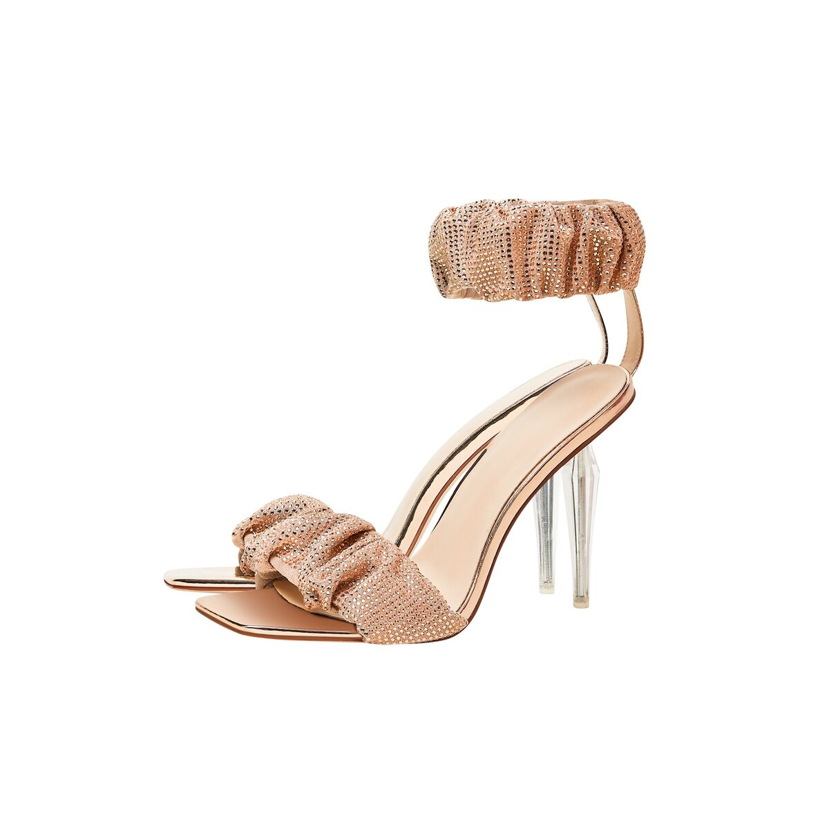 Rhinestone Ruched Ankle Cuff Sandals with Clear Stiletto Heel
