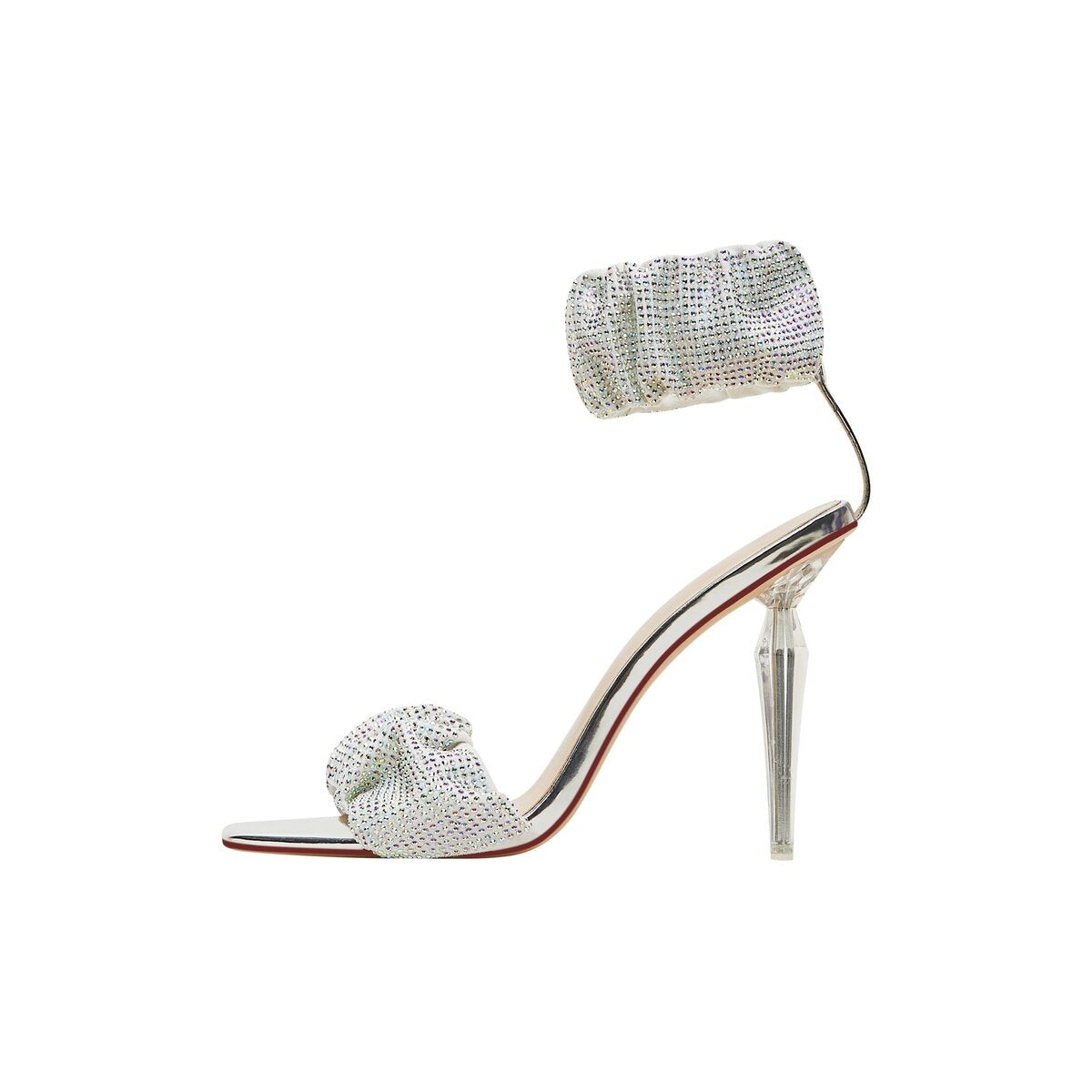 Rhinestone Ruched Ankle Cuff Sandals with Clear Stiletto Heel