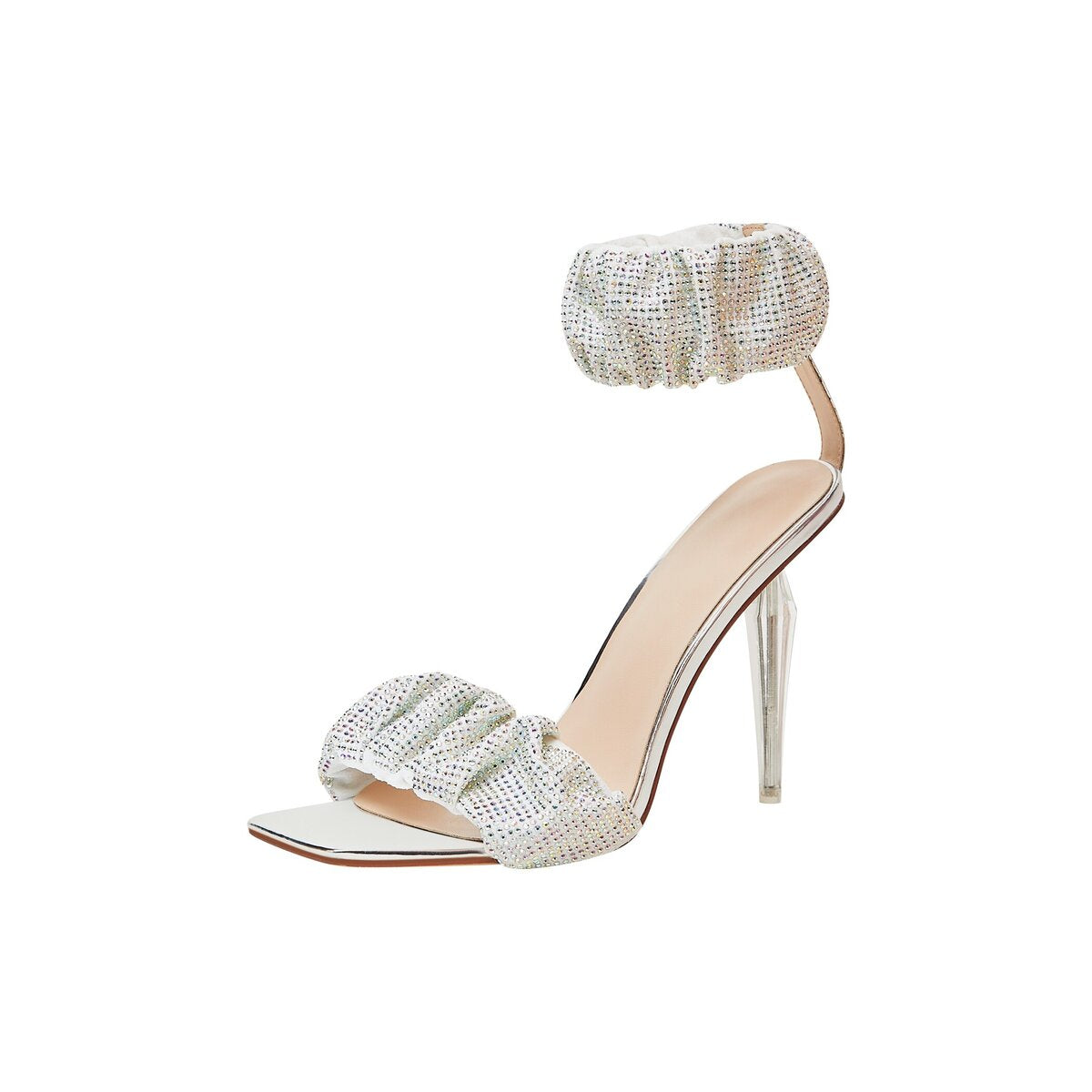Rhinestone Ruched Ankle Cuff Sandals with Clear Stiletto Heel