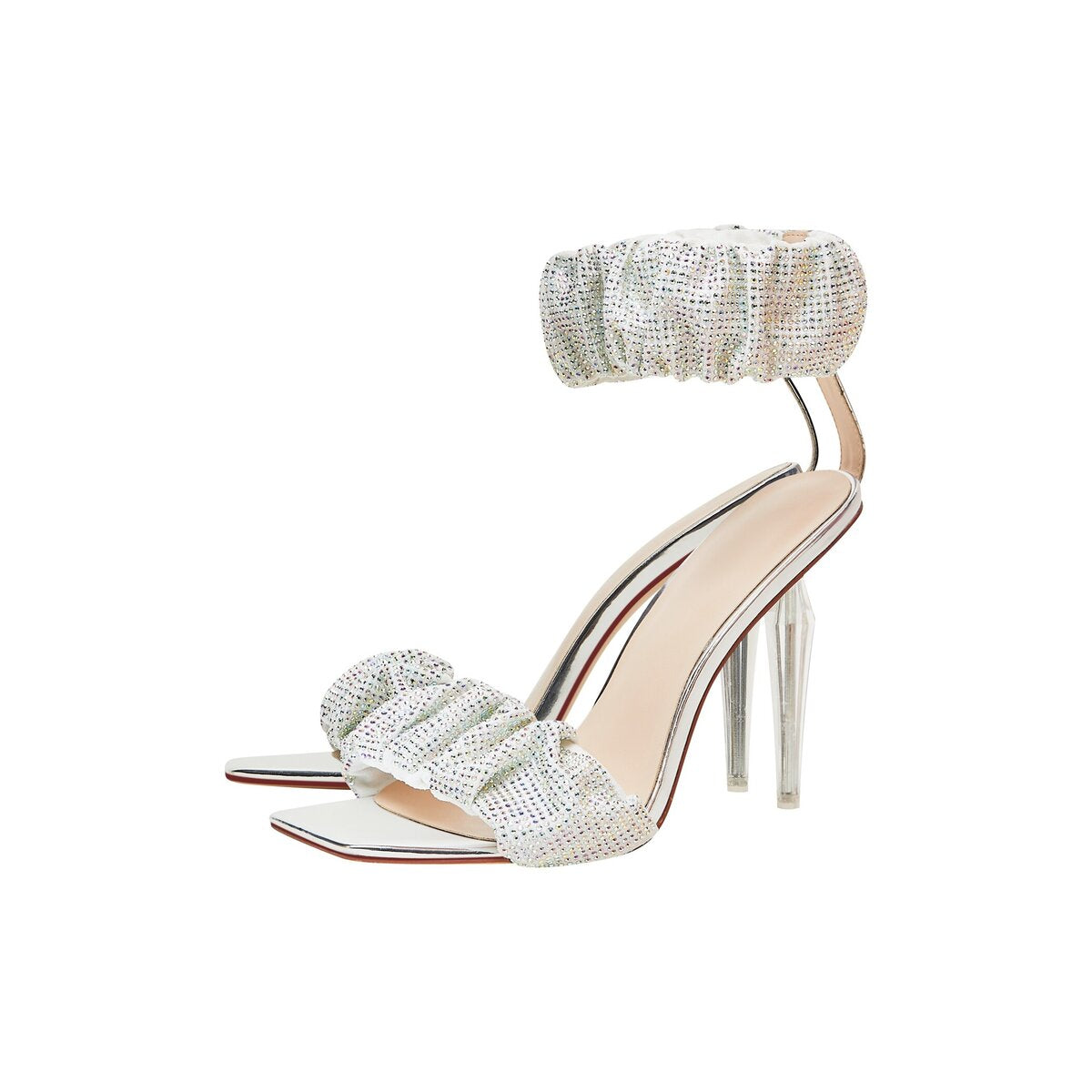 Rhinestone Ruched Ankle Cuff Sandals with Clear Stiletto Heel