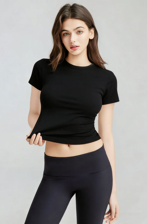 Ribbed Short Sleeve Built-In Padded Bra Crop Top
