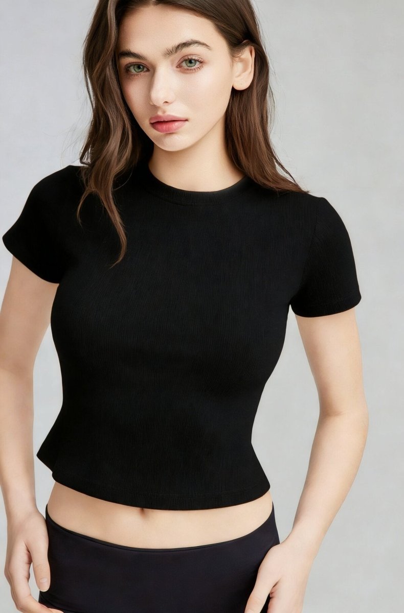 Ribbed Short Sleeve Built - In Padded Bra Crop Top