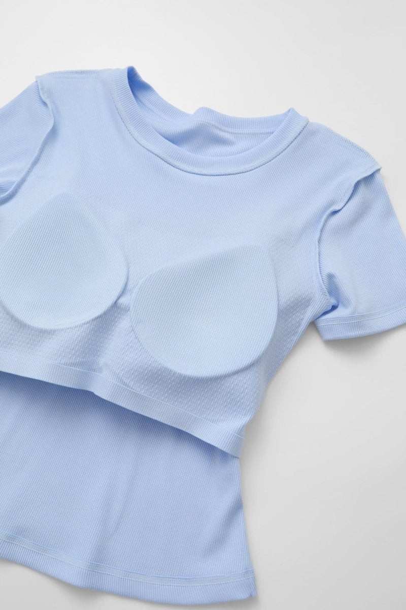 Ribbed Short Sleeve Built - In Padded Bra Crop Top
