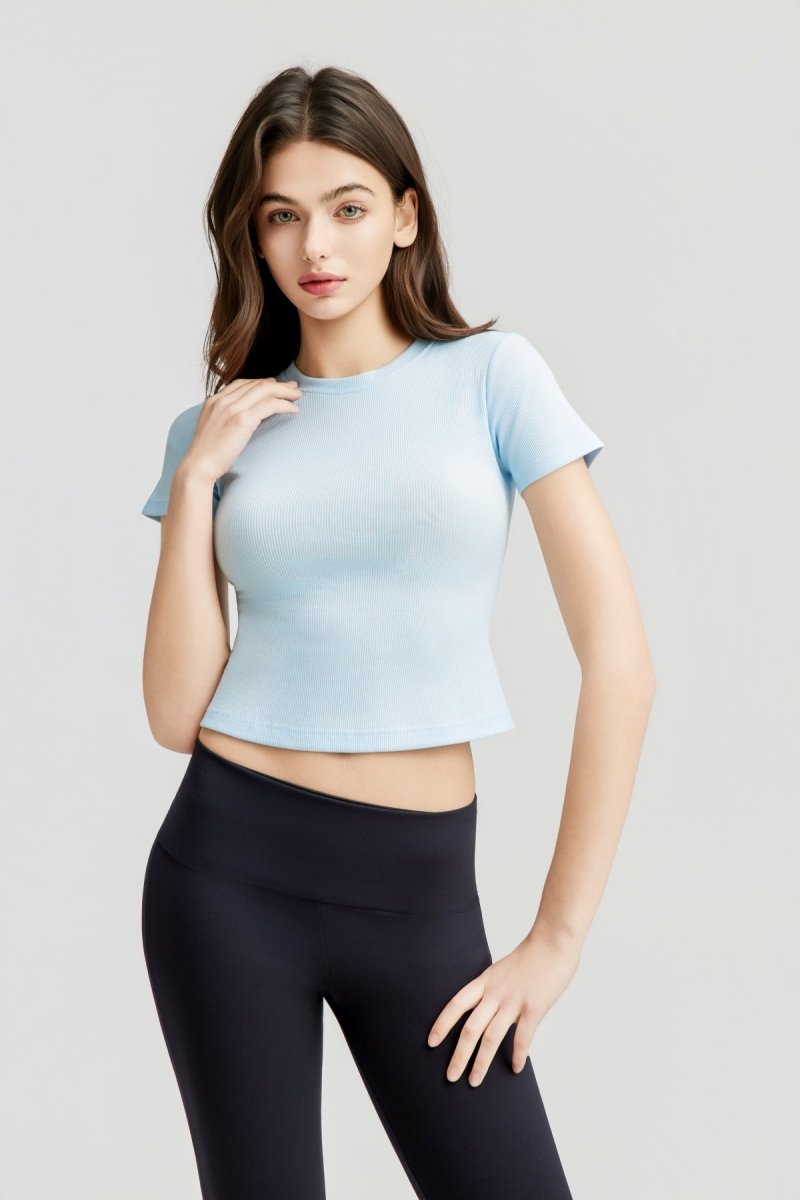 Ribbed Short Sleeve Built - In Padded Bra Crop Top