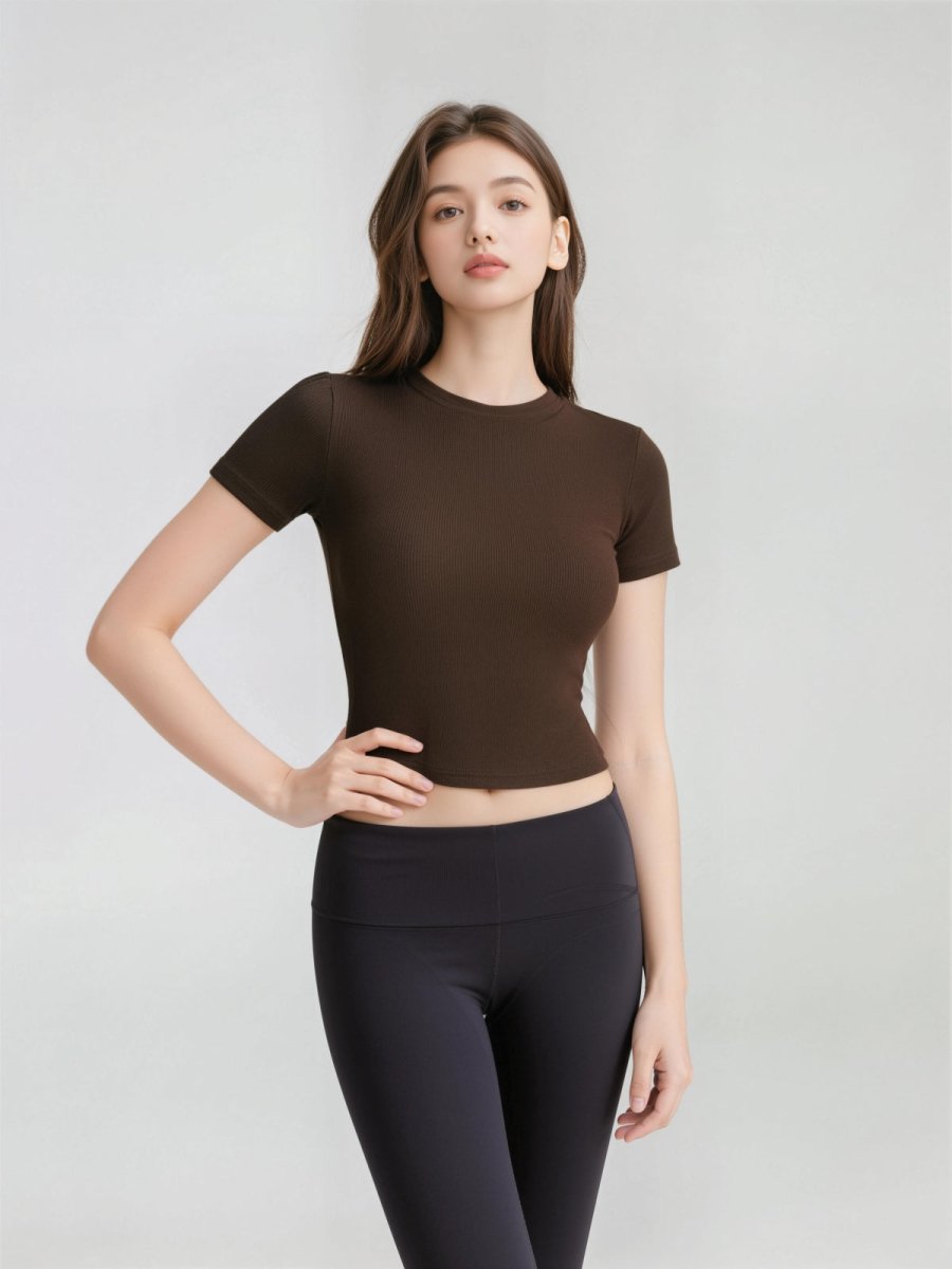 Ribbed Short Sleeve Built - In Padded Bra Crop Top