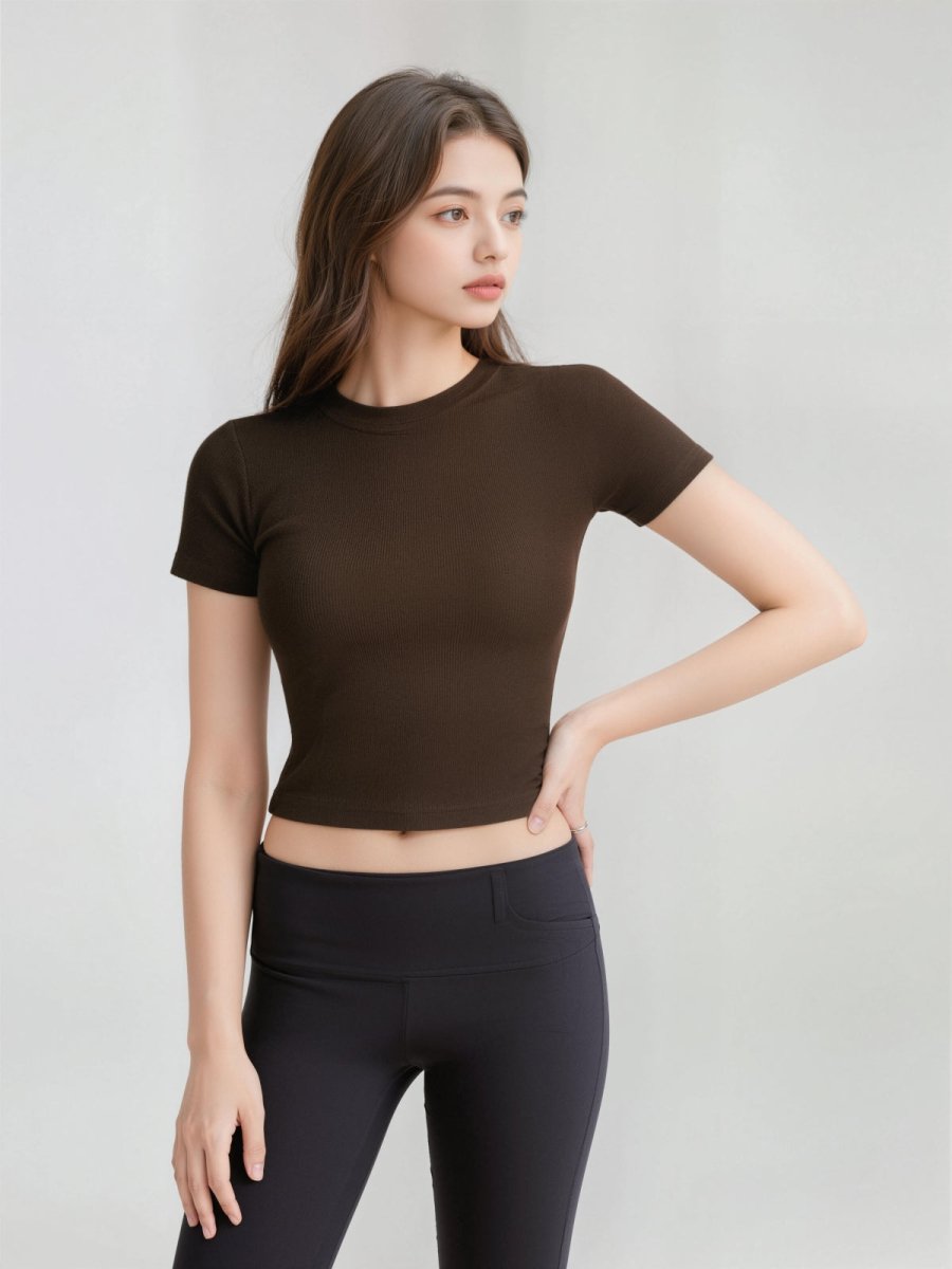 Ribbed Short Sleeve Built - In Padded Bra Crop Top