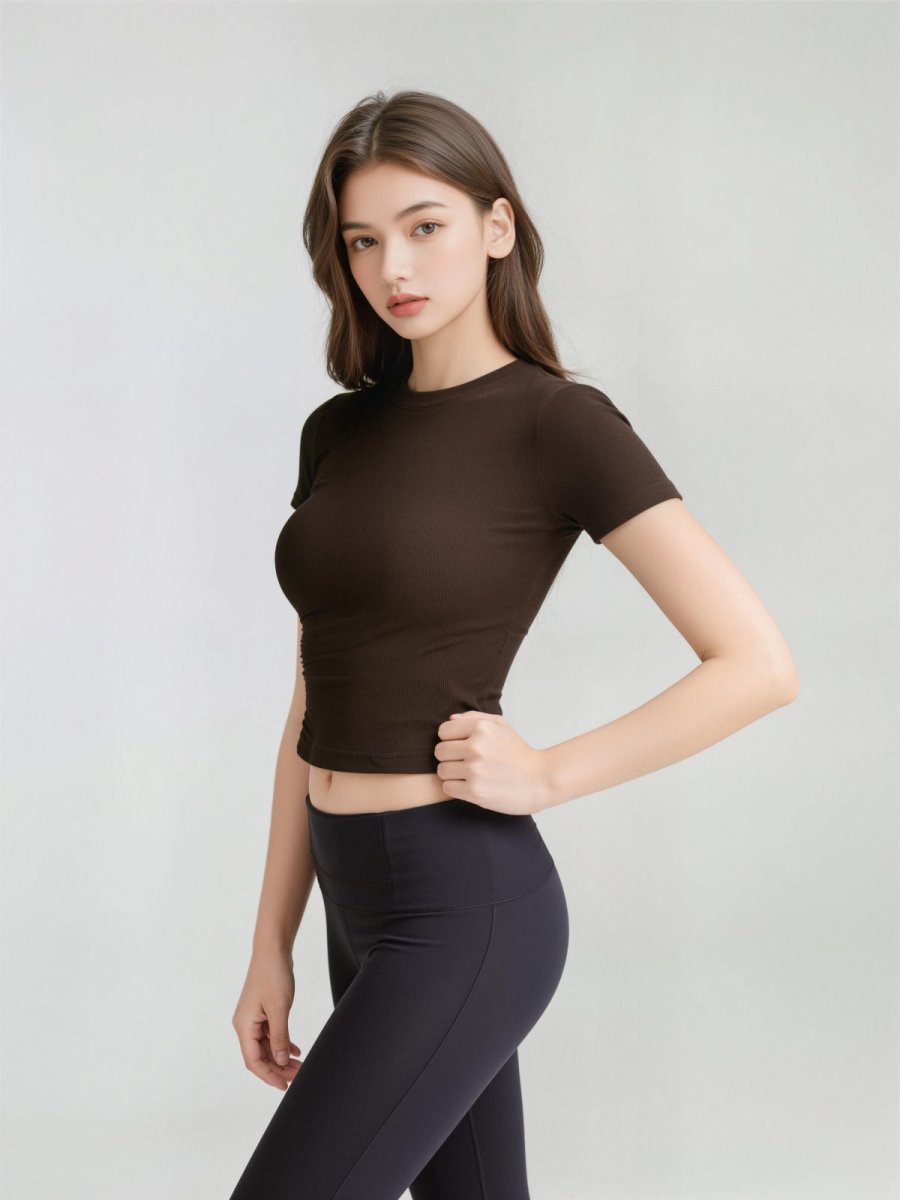 Ribbed Short Sleeve Built - In Padded Bra Crop Top
