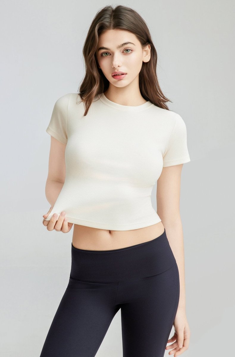 Ribbed Short Sleeve Built - In Padded Bra Crop Top