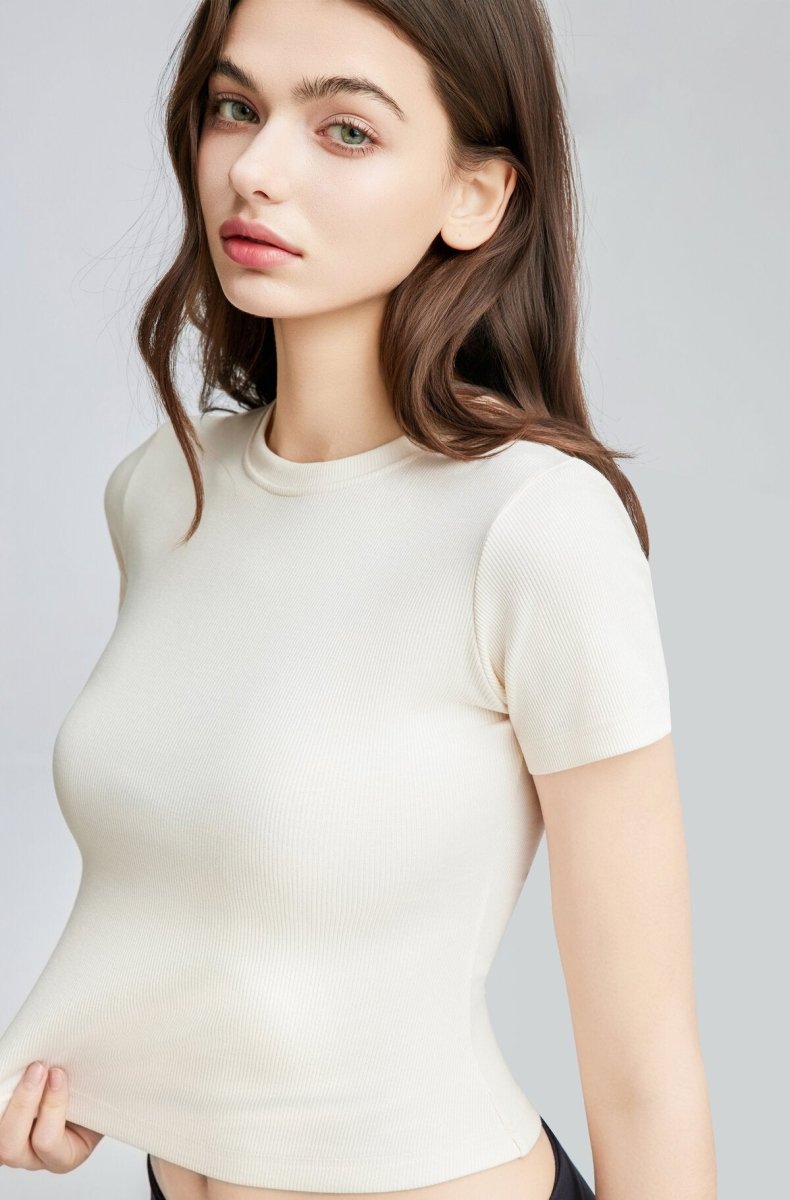 Ribbed Short Sleeve Built - In Padded Bra Crop Top