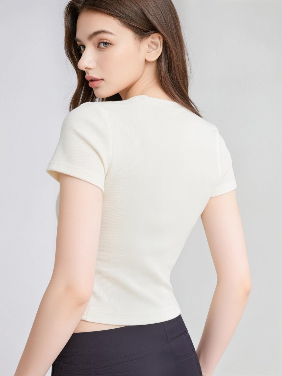Ribbed Short Sleeve Built - In Padded Bra Crop Top