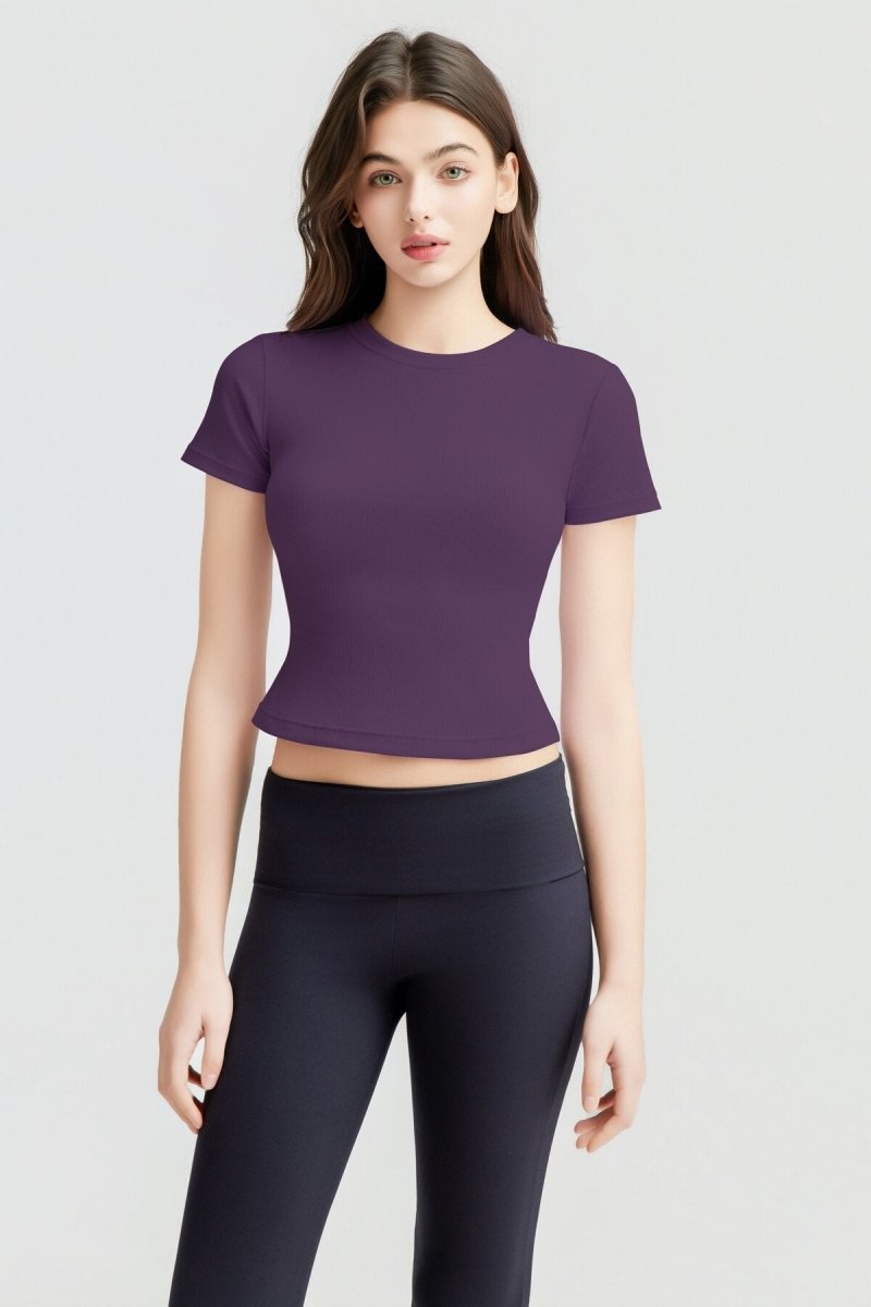 Ribbed Short Sleeve Built - In Padded Bra Crop Top