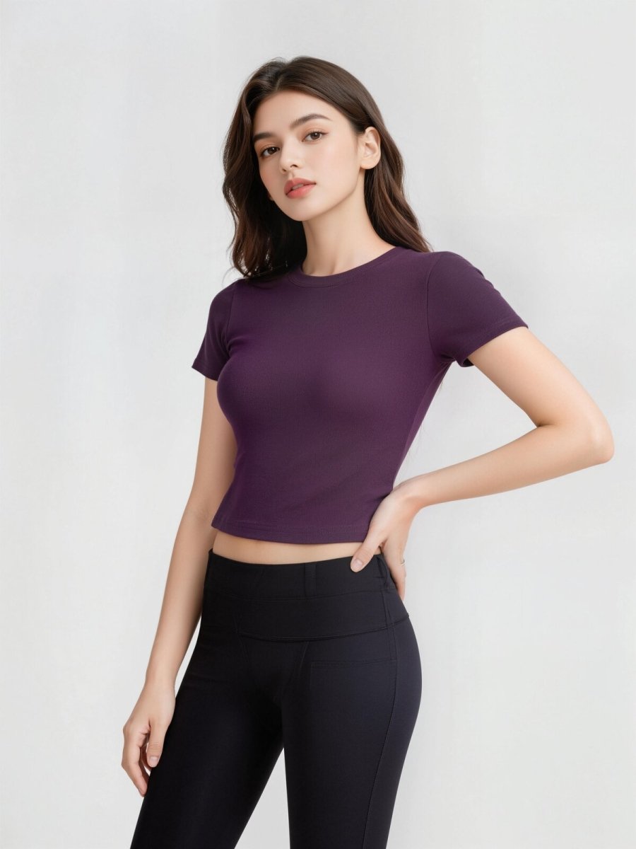 Ribbed Short Sleeve Built - In Padded Bra Crop Top