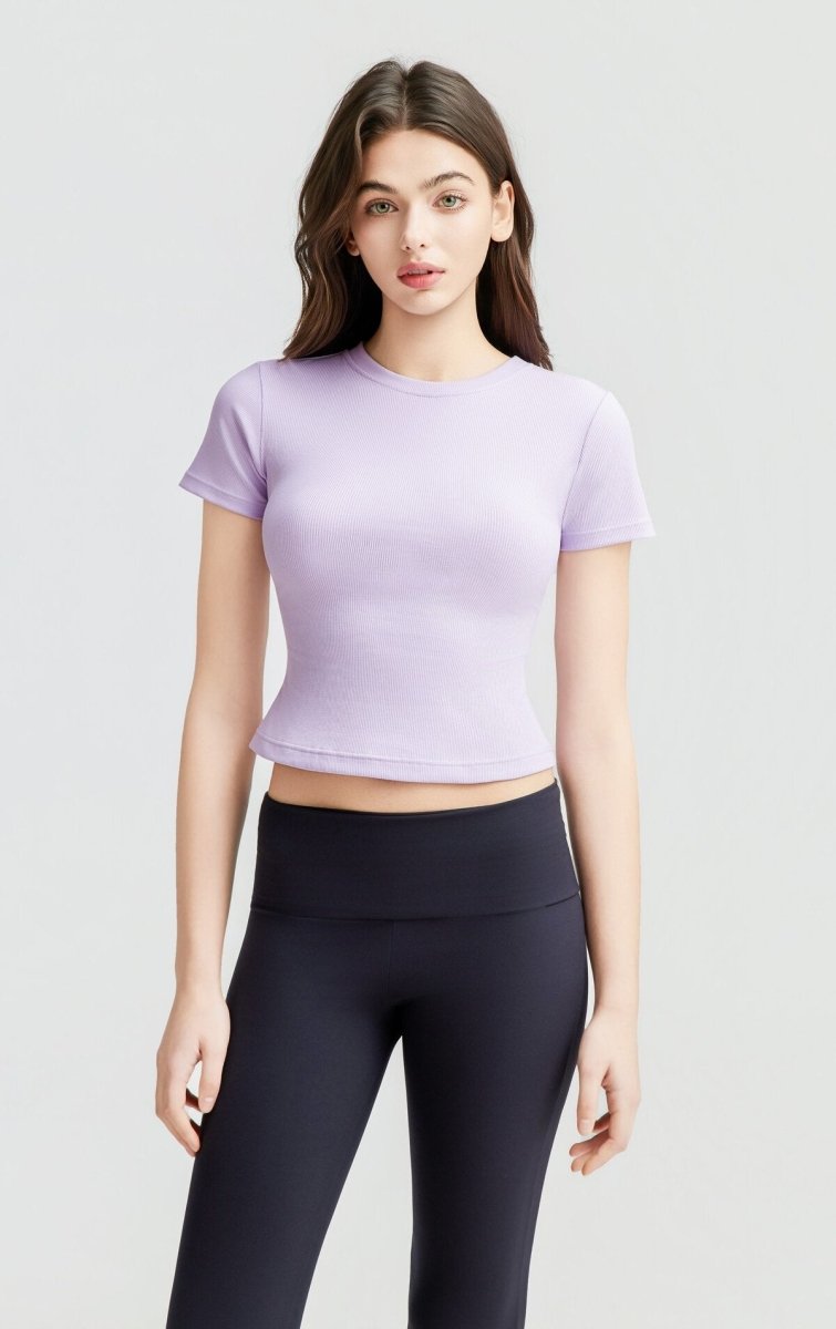Ribbed Short Sleeve Built - In Padded Bra Crop Top
