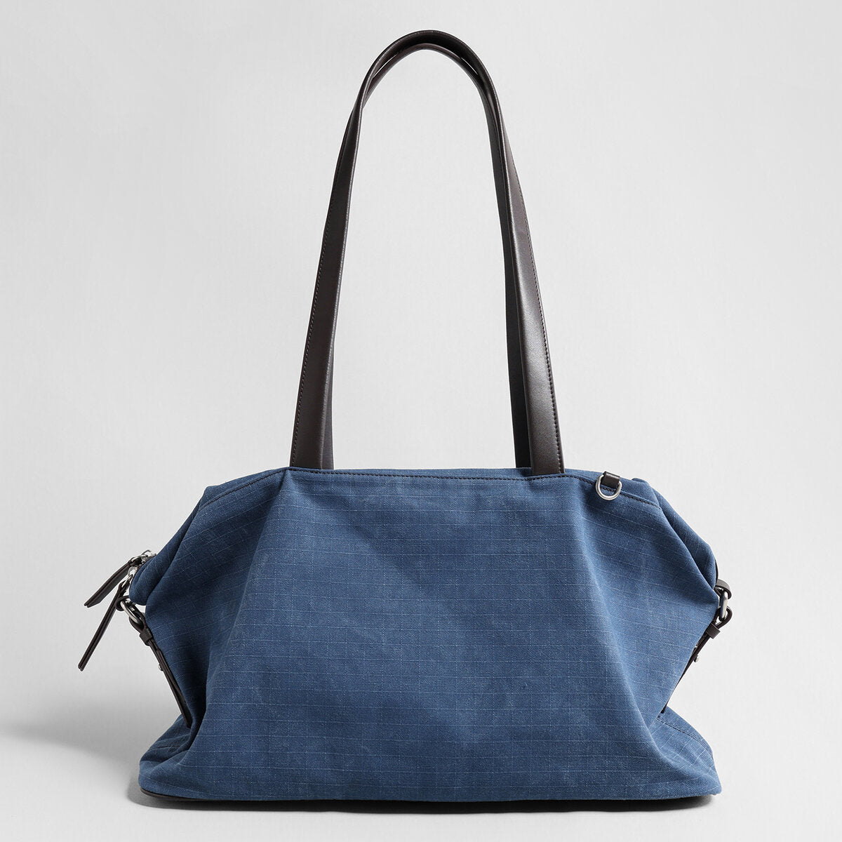 Ripstop Canvas Slouchy Shoulder Bag – Large-Capacity Tote with Leather Straps and Side Zip Pocket