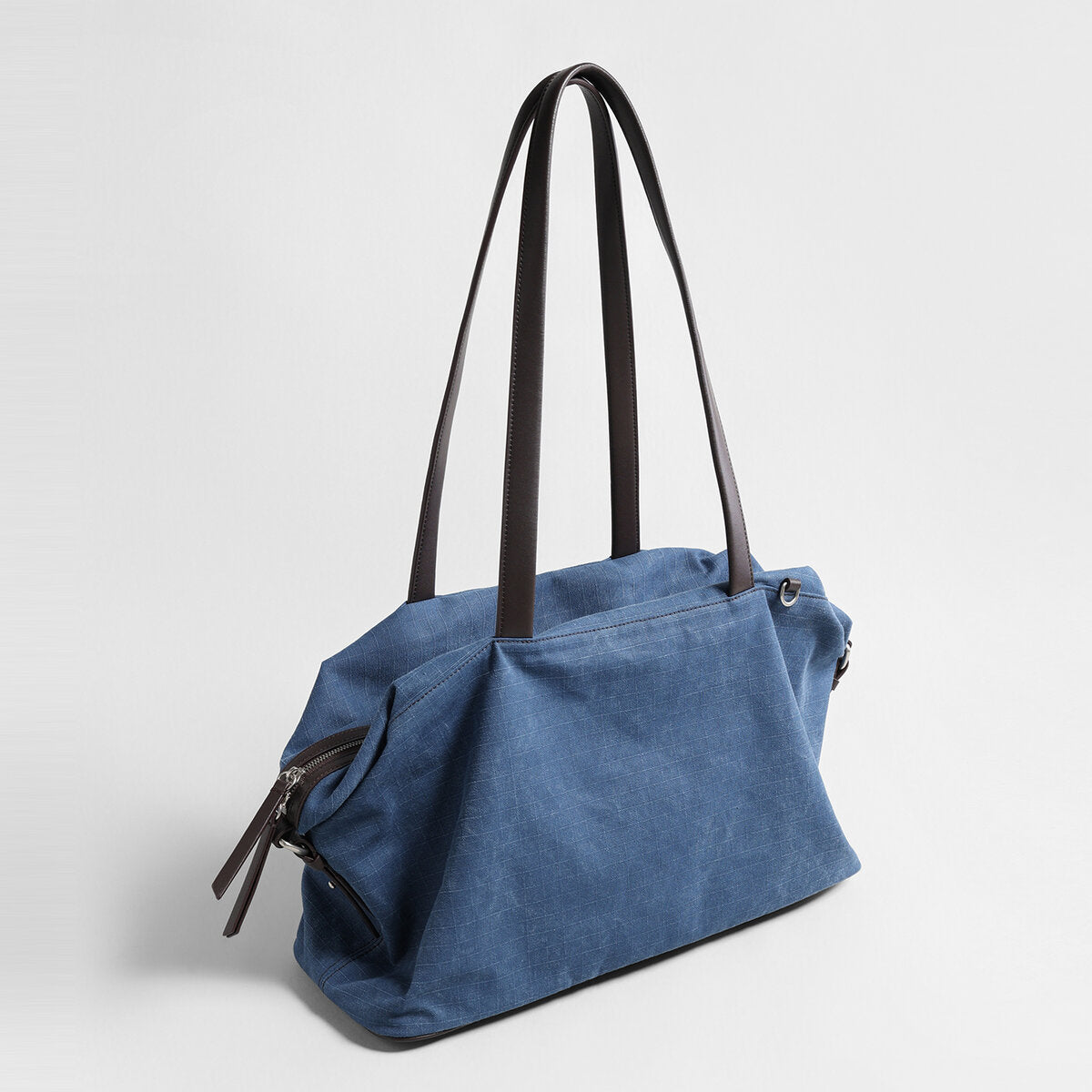 Ripstop Canvas Slouchy Shoulder Bag – Large-Capacity Tote with Leather Straps and Side Zip Pocket