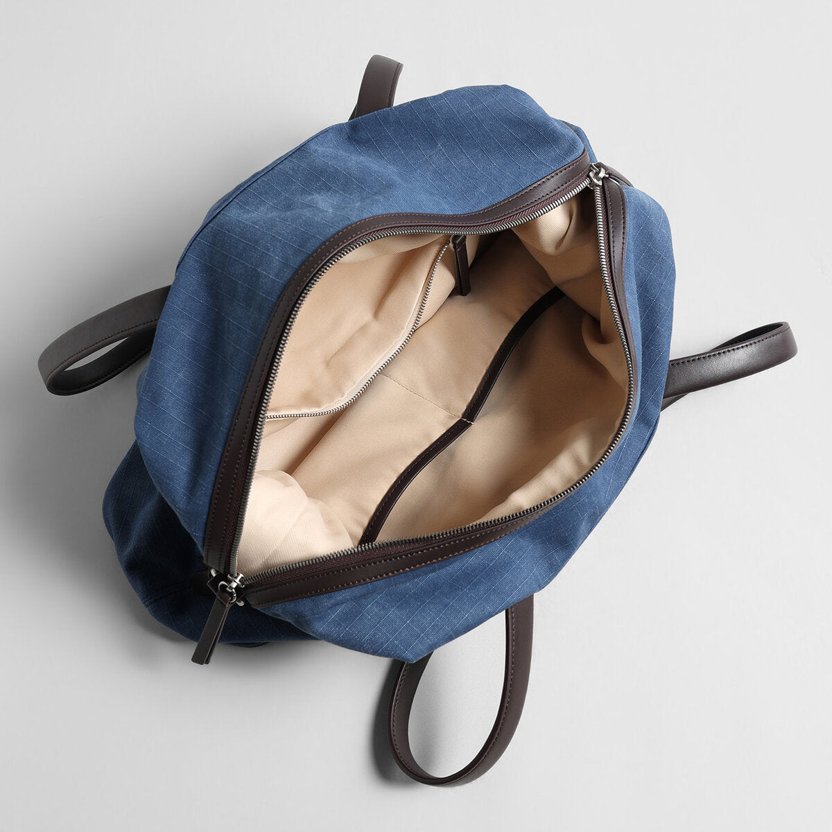 Ripstop Canvas Slouchy Shoulder Bag – Large-Capacity Tote with Leather Straps and Side Zip Pocket