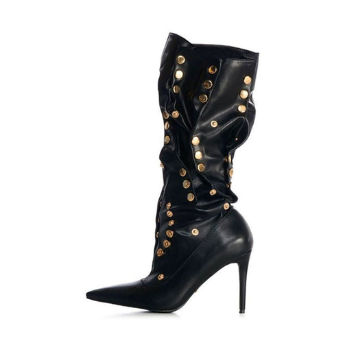 Rivet Encrusted Black Slouchy Stiletto Knee High Boots - 0cm