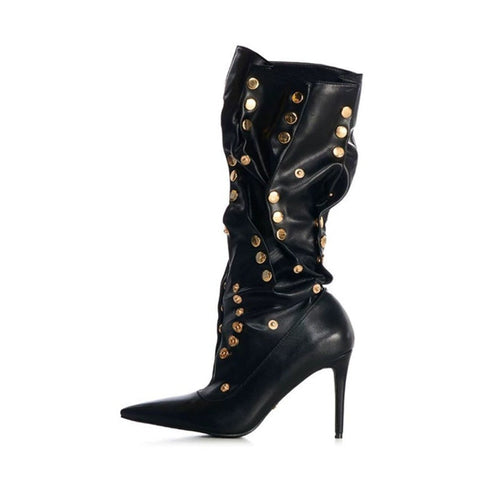 Rivet Encrusted Black Slouchy Stiletto Knee High Boots