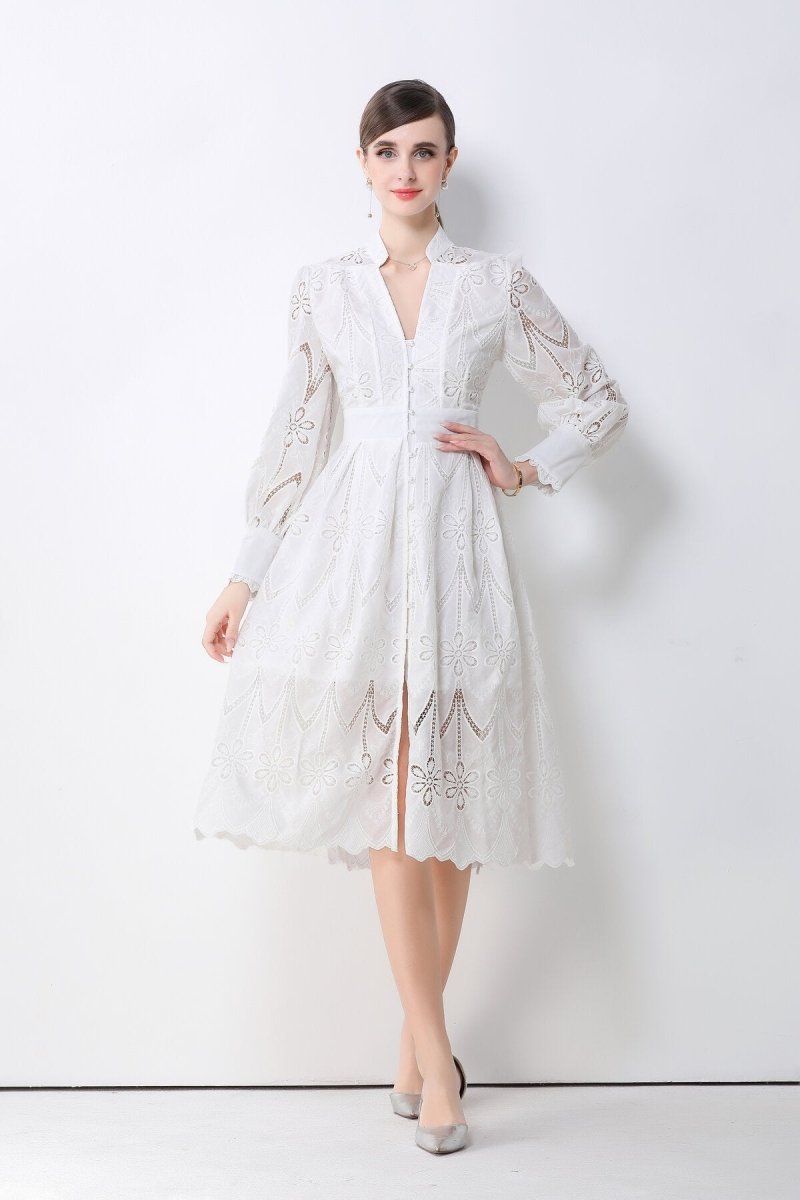 Romantic Eyelet Embroidered Waist Cinch Midi Dress