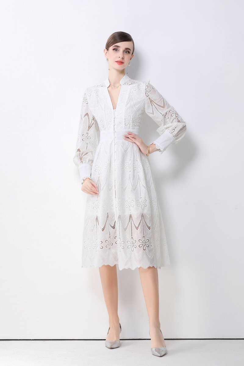 Romantic Eyelet Embroidered Waist Cinch Midi Dress