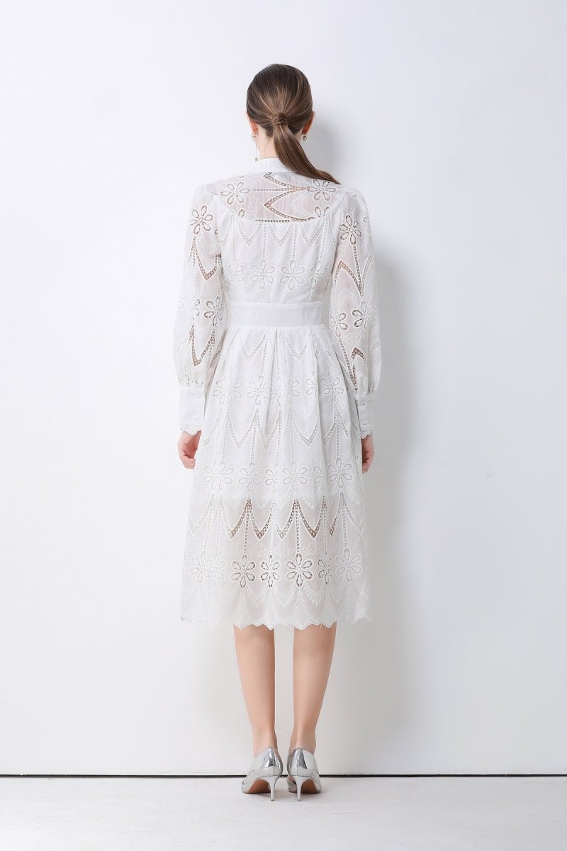Romantic Eyelet Embroidered Waist Cinch Midi Dress