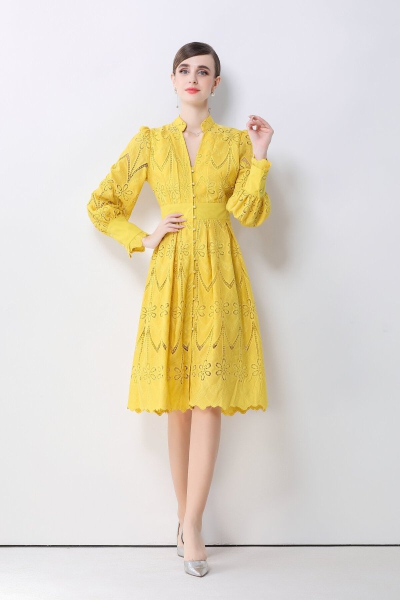 Romantic Eyelet Embroidered Waist Cinch Midi Dress