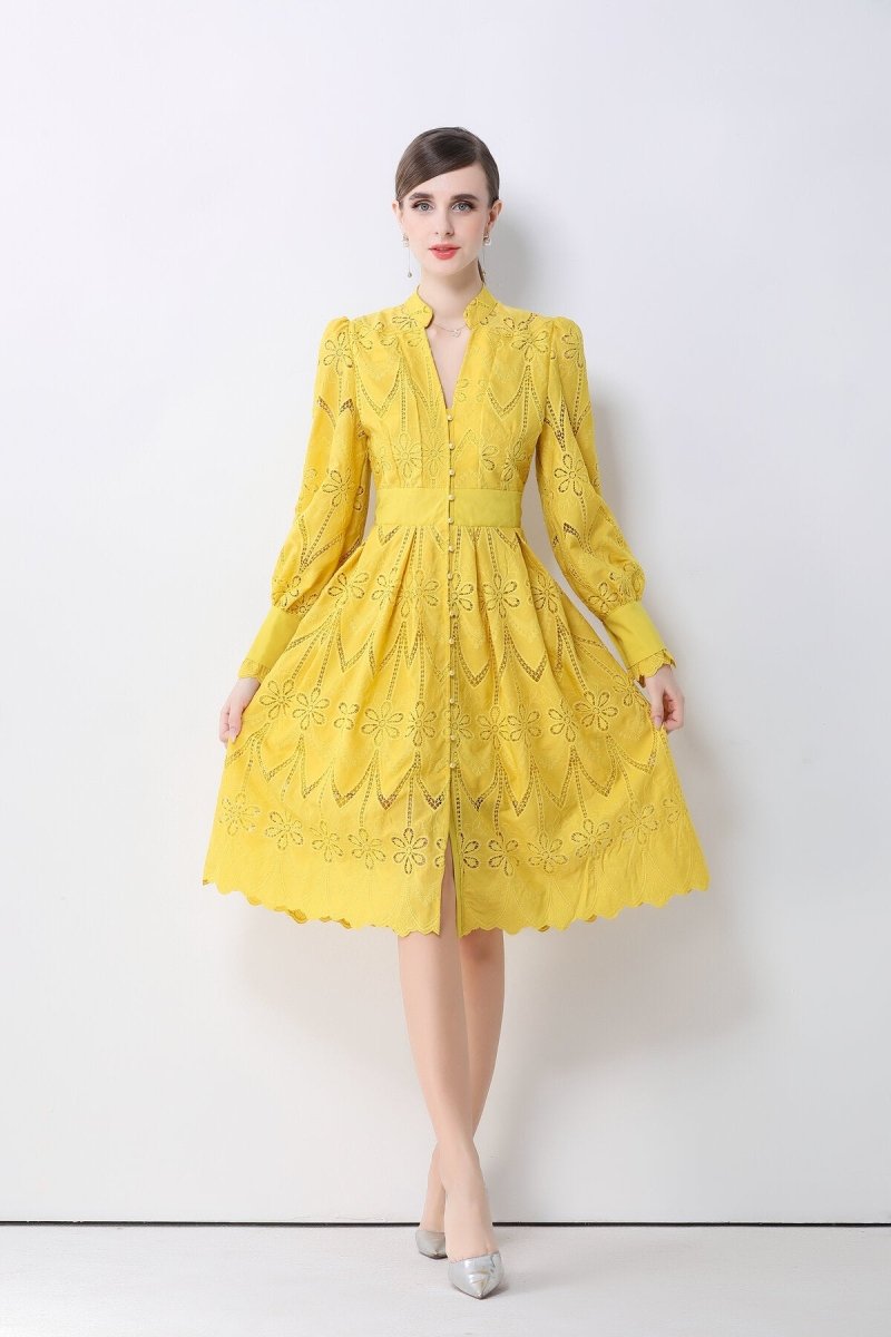 Romantic Eyelet Embroidered Waist Cinch Midi Dress