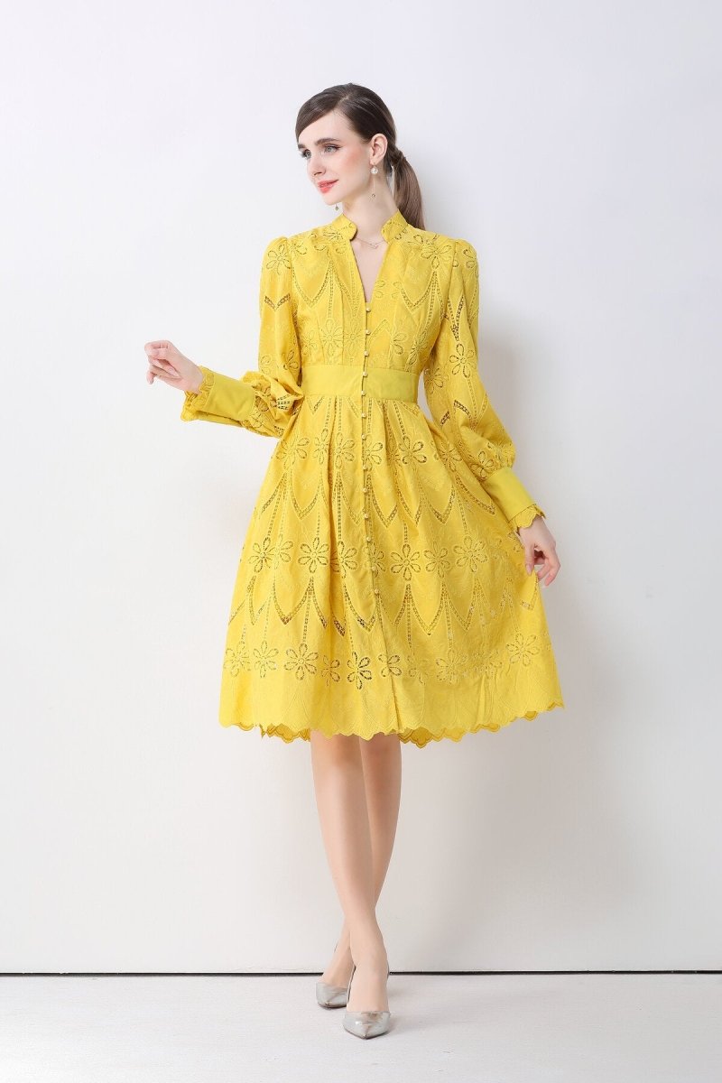 Romantic Eyelet Embroidered Waist Cinch Midi Dress