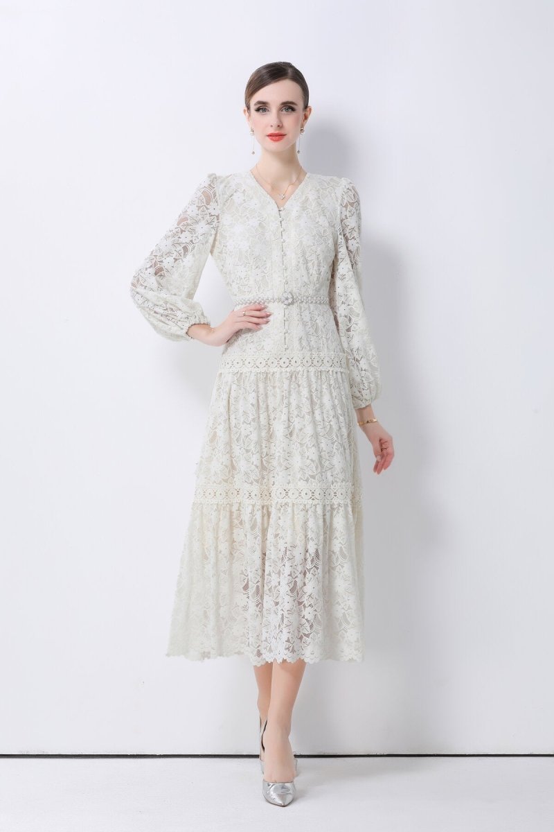Romantic Floral Lace Tiered Midi Dress