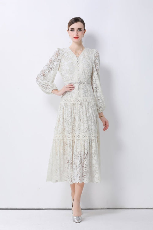 Romantic Floral Lace Tiered Midi Dress