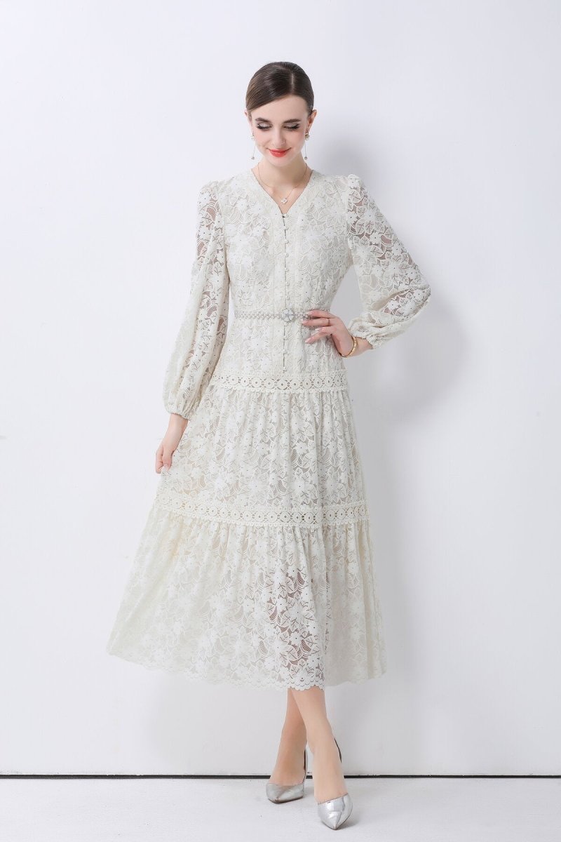 Romantic Floral Lace Tiered Midi Dress