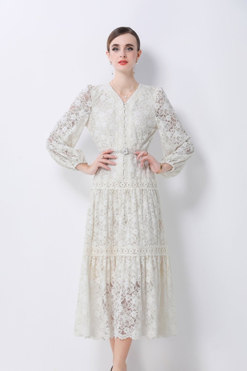Romantic Floral Lace Tiered Midi Dress