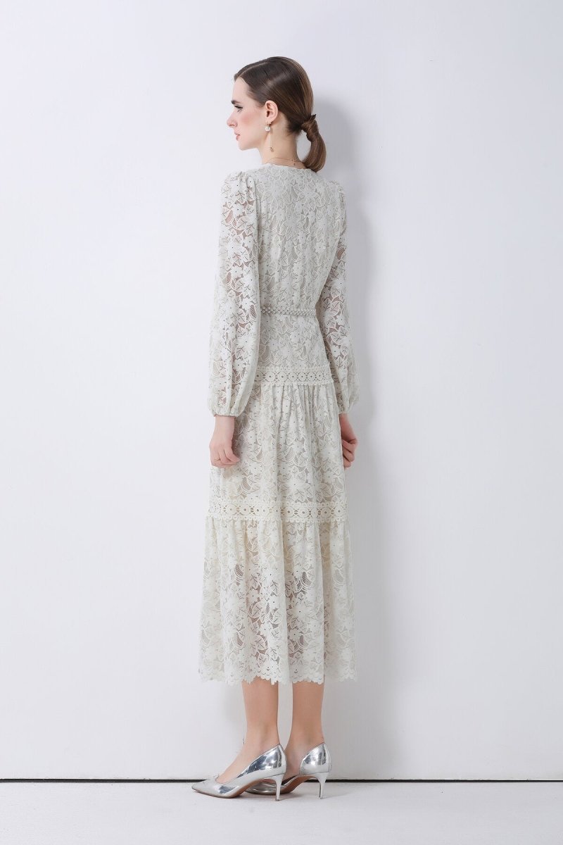 Romantic Floral Lace Tiered Midi Dress