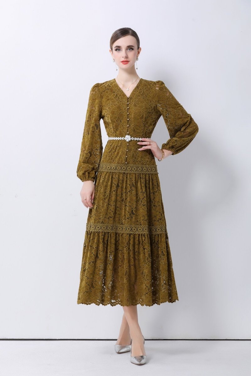 Romantic Floral Lace Tiered Midi Dress
