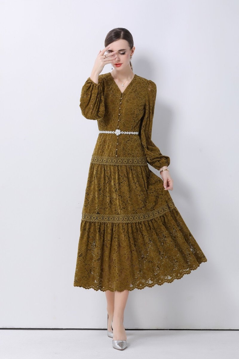 Romantic Floral Lace Tiered Midi Dress
