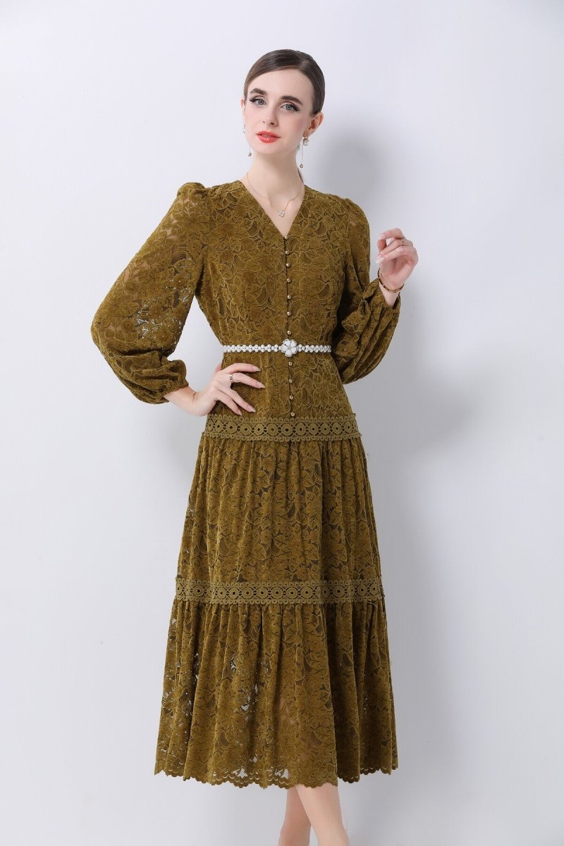 Romantic Floral Lace Tiered Midi Dress