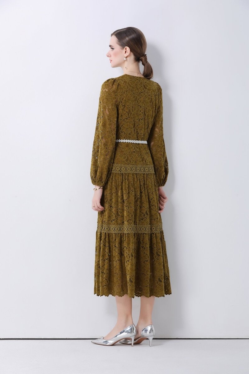 Romantic Floral Lace Tiered Midi Dress
