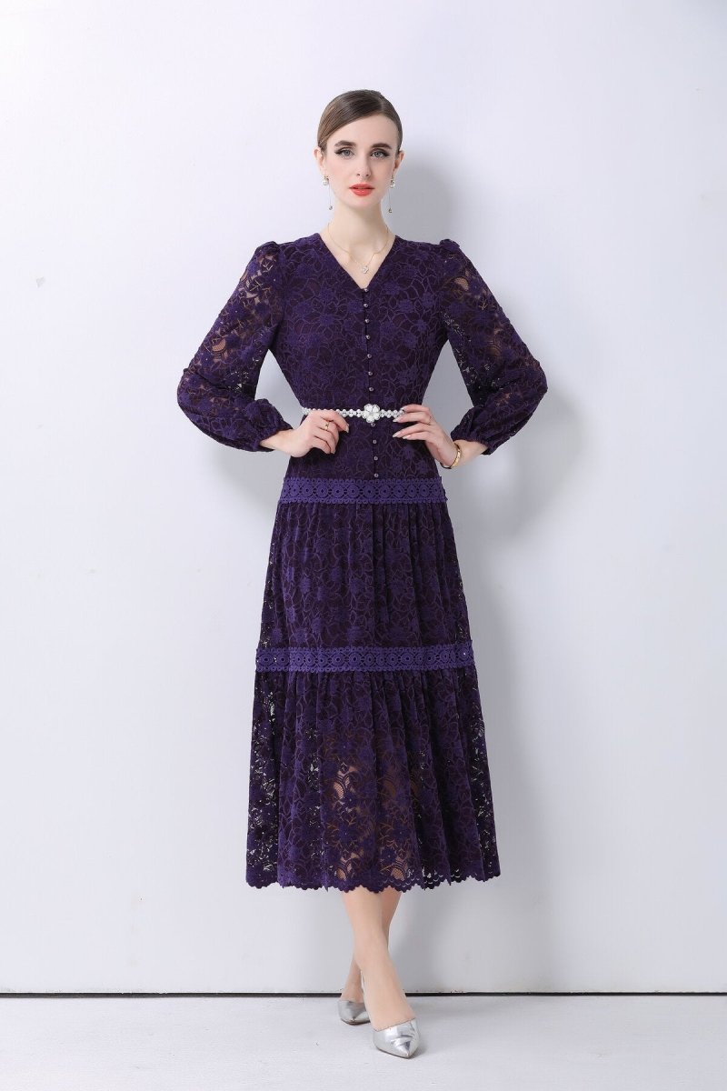 Romantic Floral Lace Tiered Midi Dress