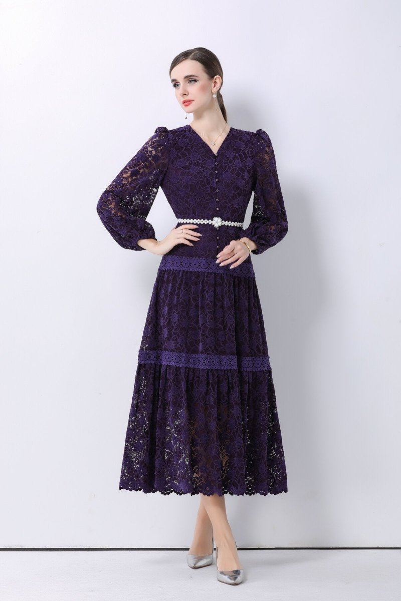 Romantic Floral Lace Tiered Midi Dress