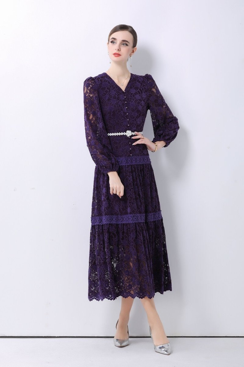 Romantic Floral Lace Tiered Midi Dress