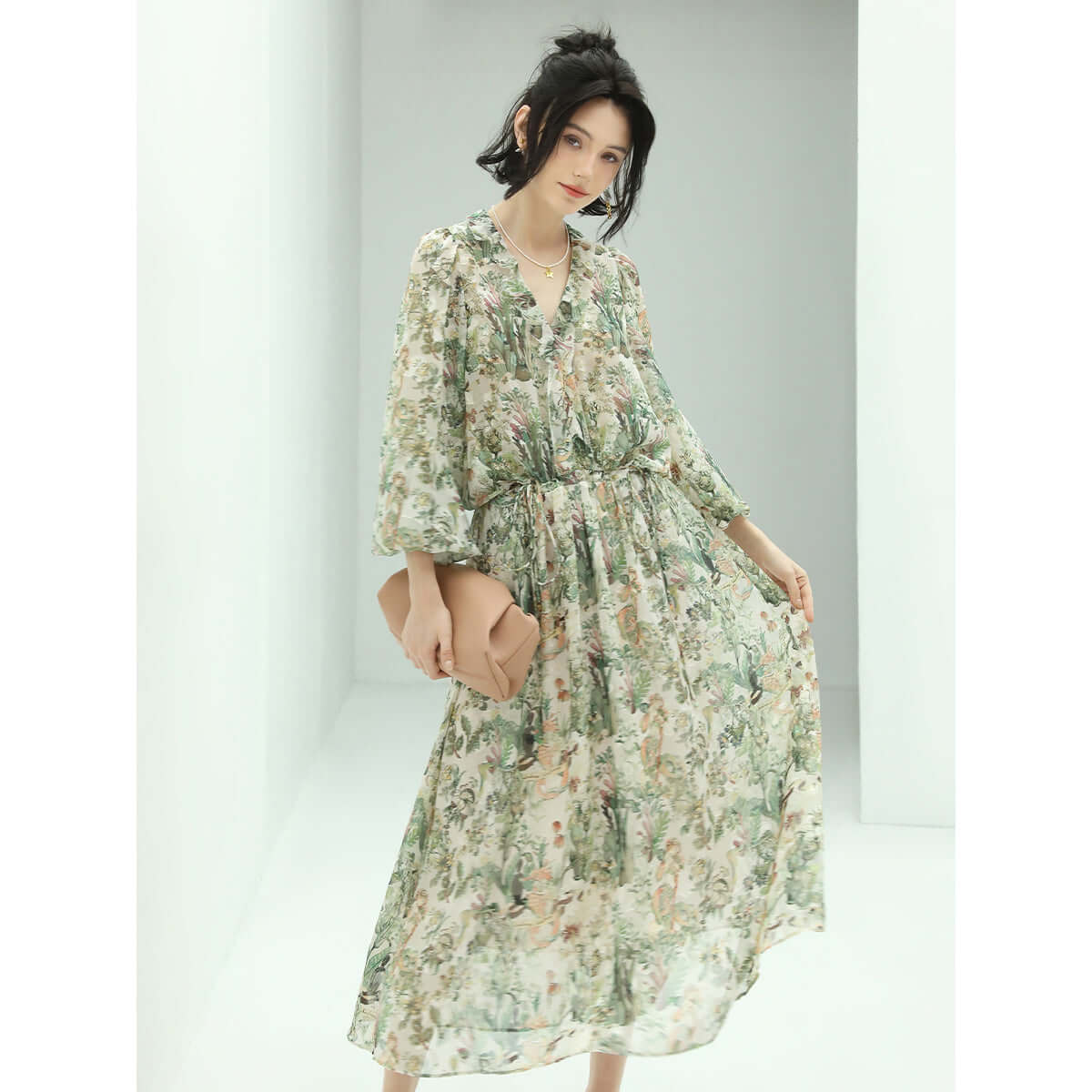 romantic floral long sleeved floral green midi dress all green 1