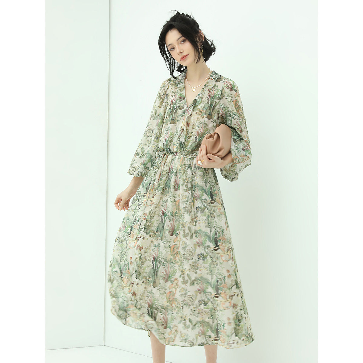 romantic floral long sleeved floral green midi dress all green 2