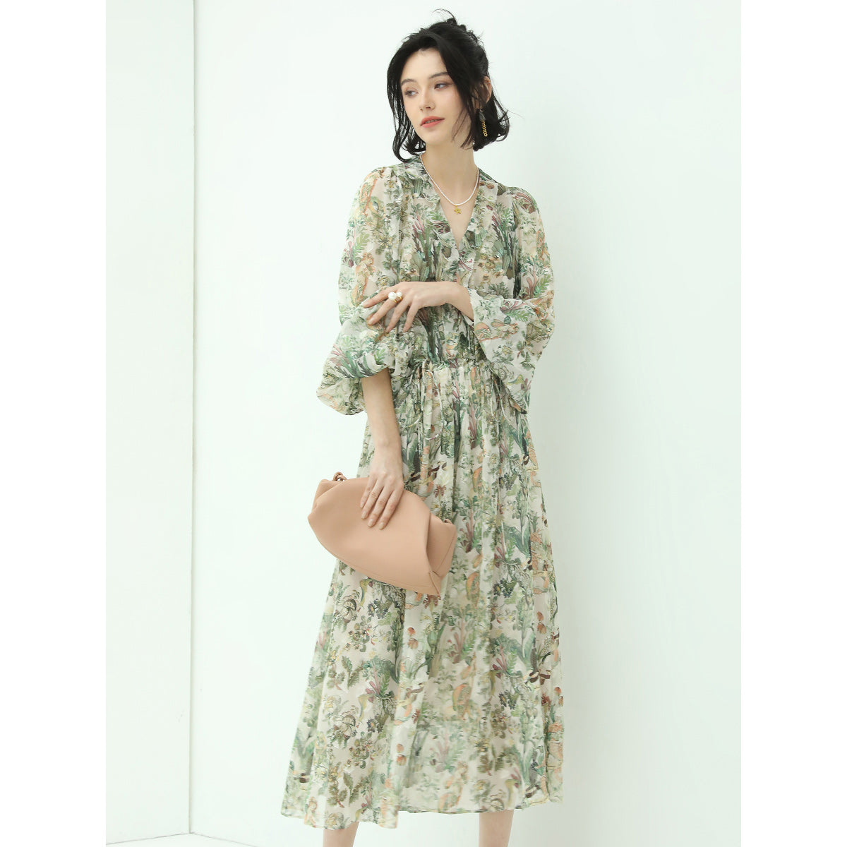 romantic floral long sleeved floral green midi dress all green 3