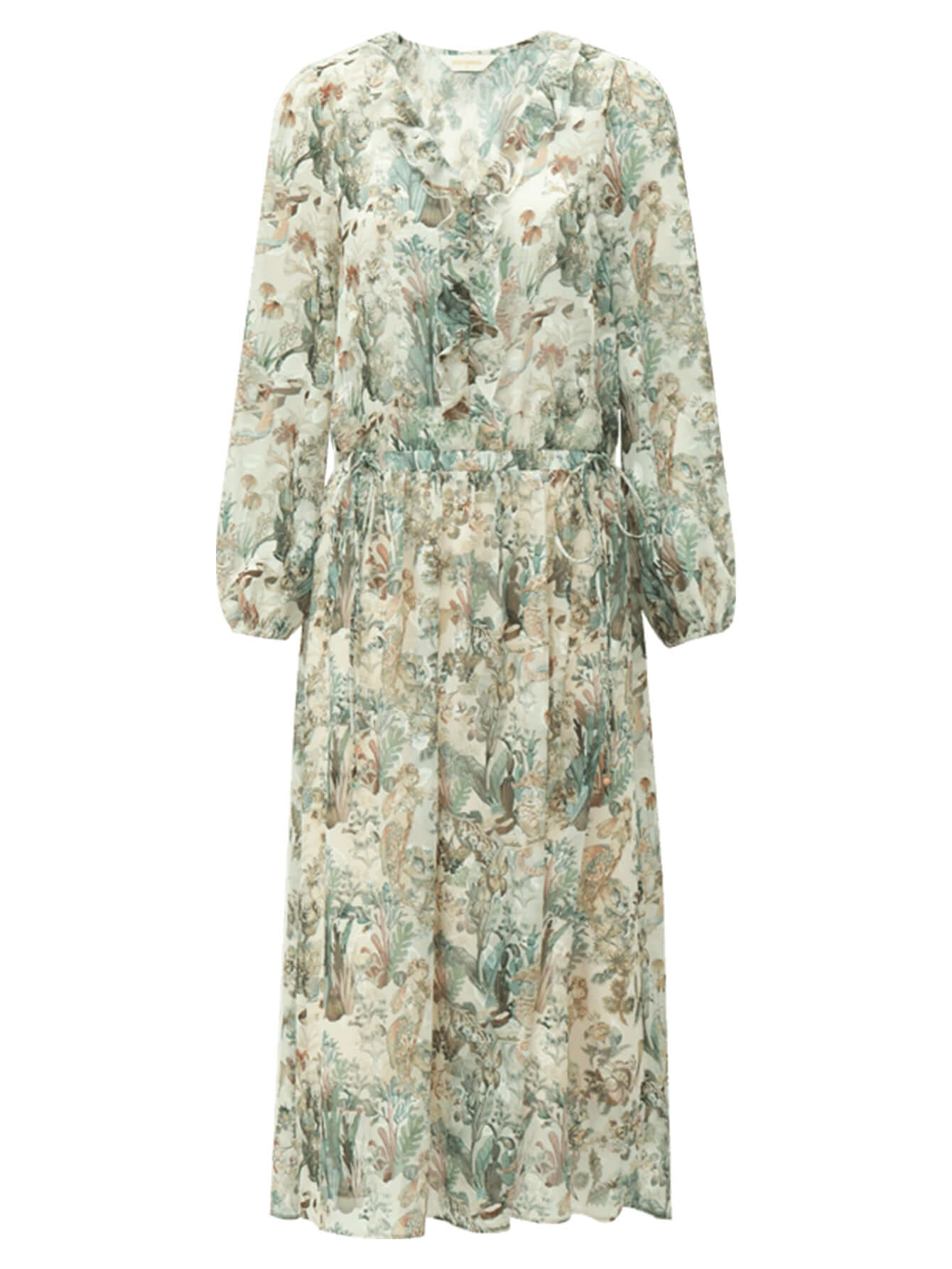 romantic floral long sleeved floral green midi dress all green 4