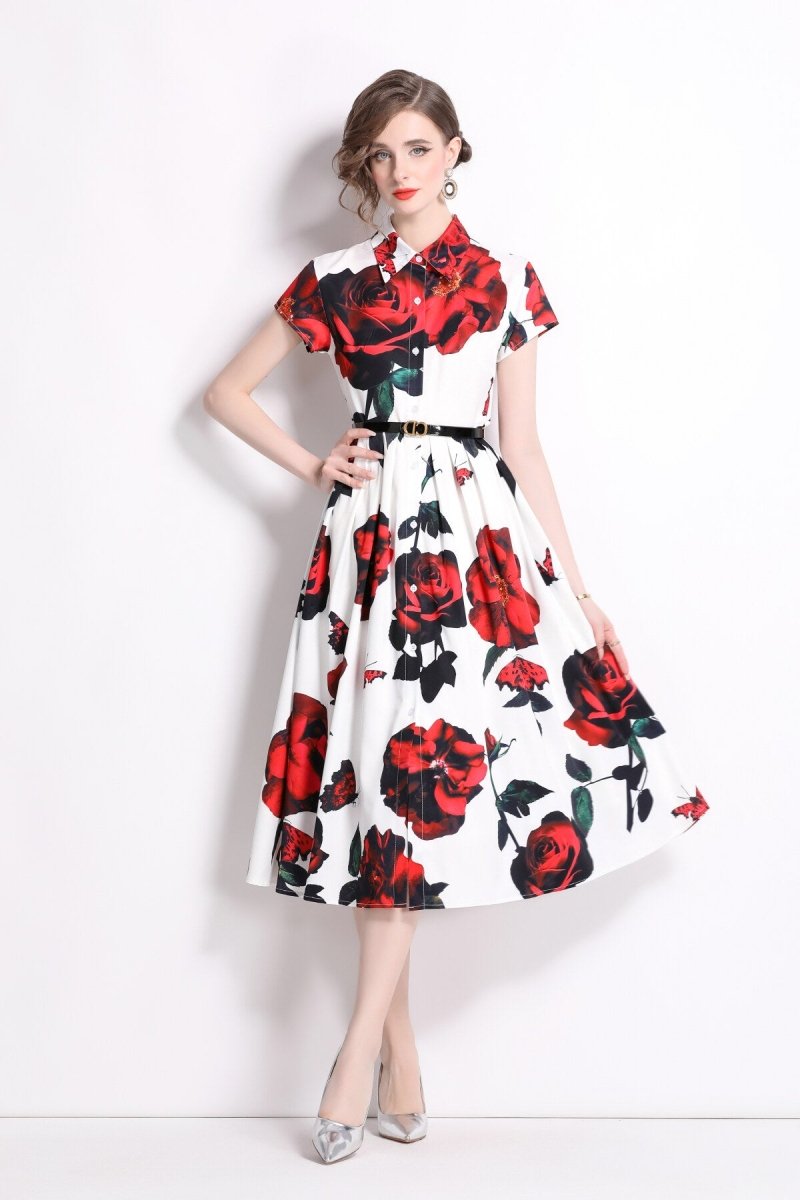 Romantic Rose Lapel Collar Shirt Dress - 0cm