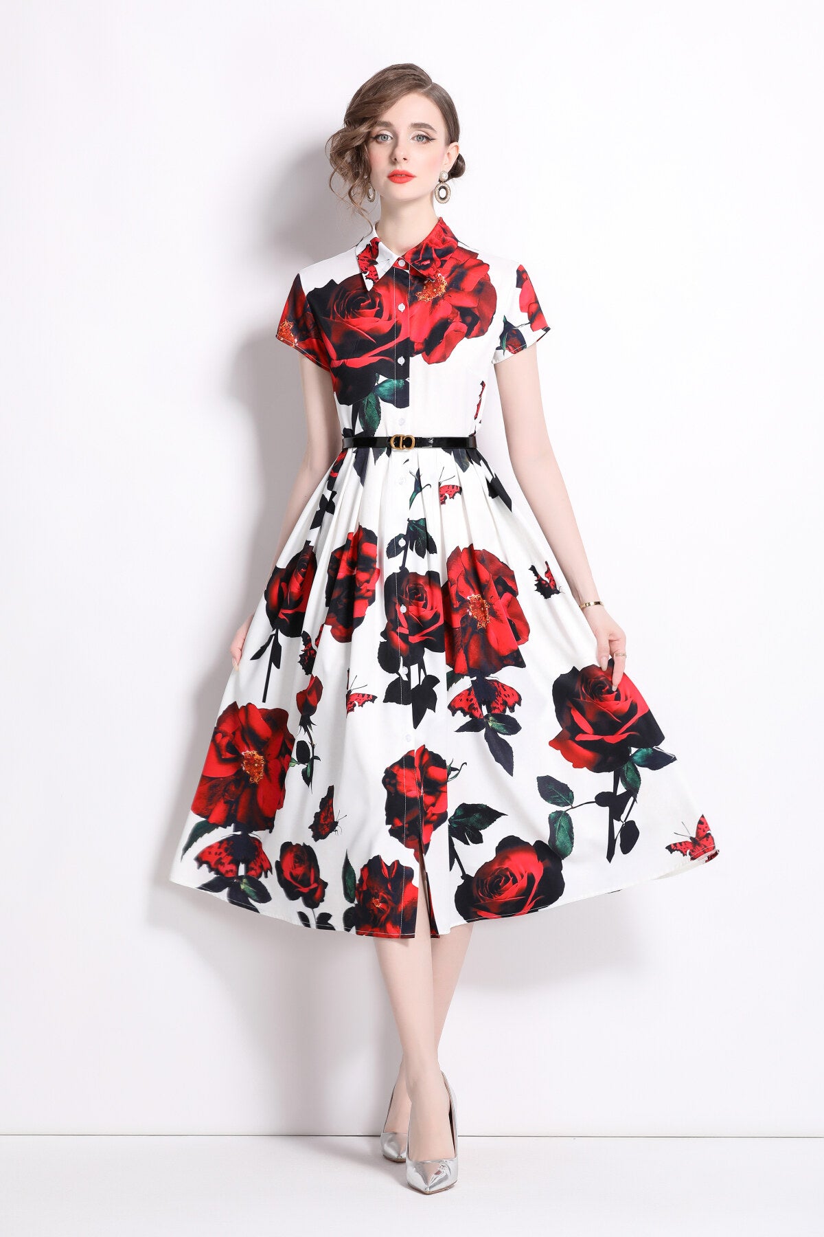romantic rose lapel collar shirt dress all floral 1