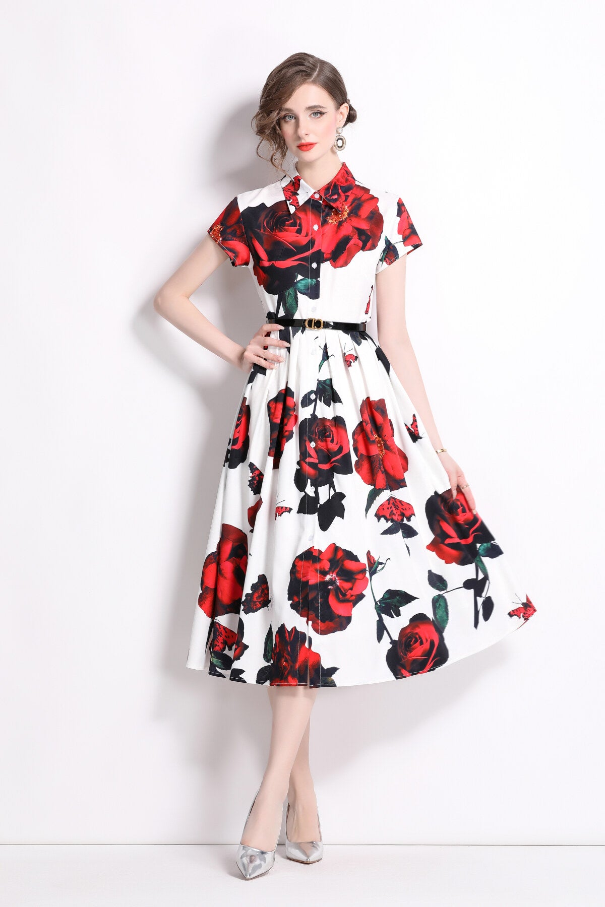 romantic rose lapel collar shirt dress all floral 2